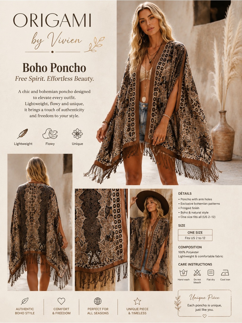 OS - Origami by Vivien - Boho Poncho in Brown Print with thin fringes
